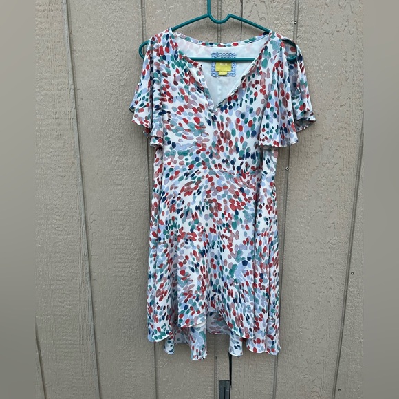 Maeve Anthro‎ Watercolor Pastel Orange Blue Dot Flutter Sleeve Cutout Dress XS - Picture 4 of 8